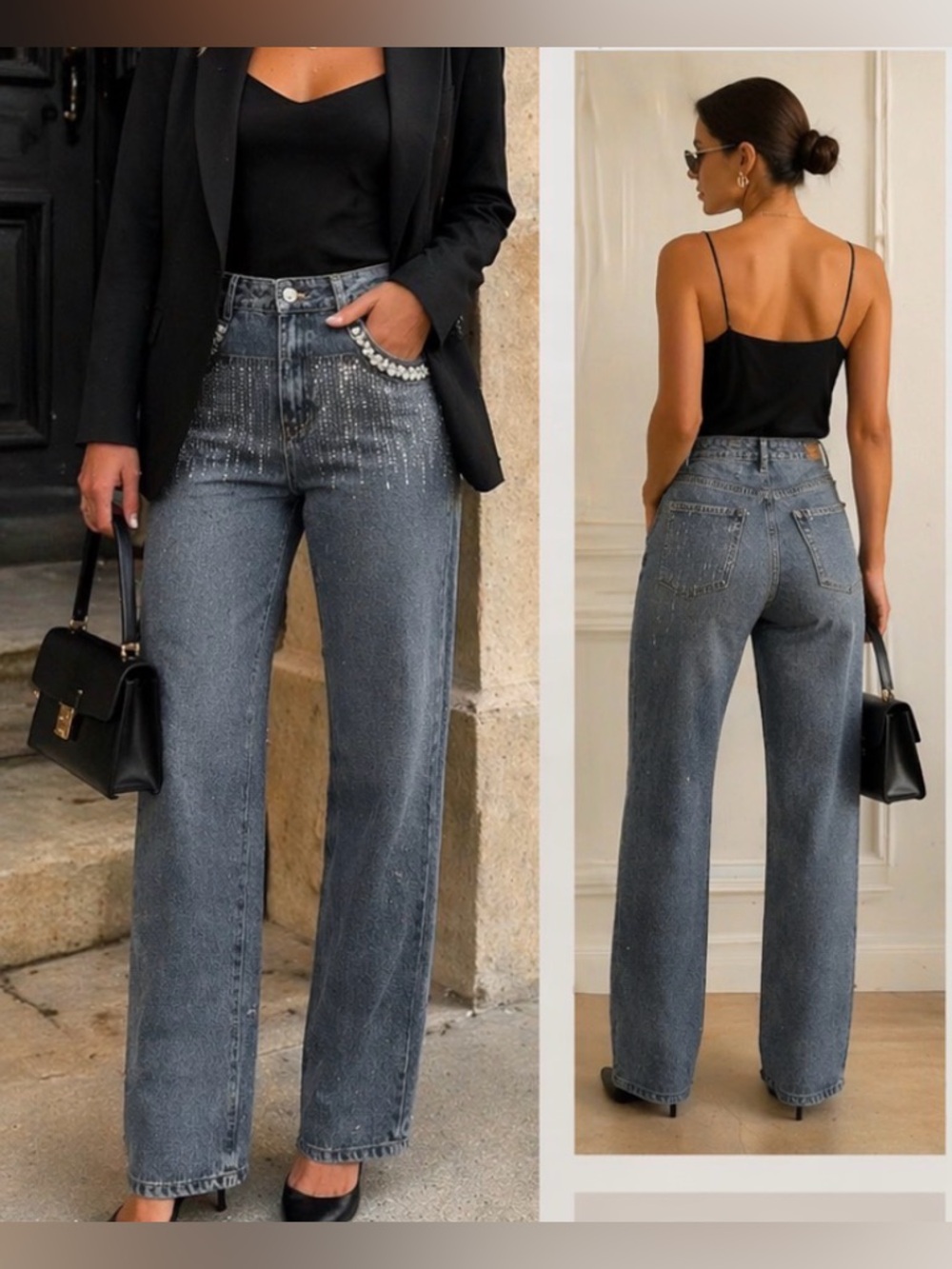 High-Rise Straight Leg Beaded Jeans Size M